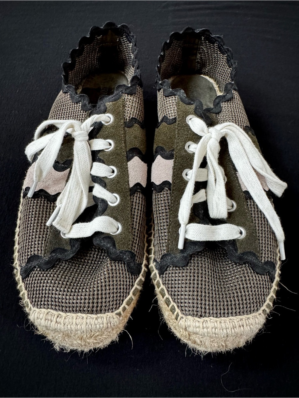 Bernardo Olive, Beige and Black Woven Espadrilles 9.5